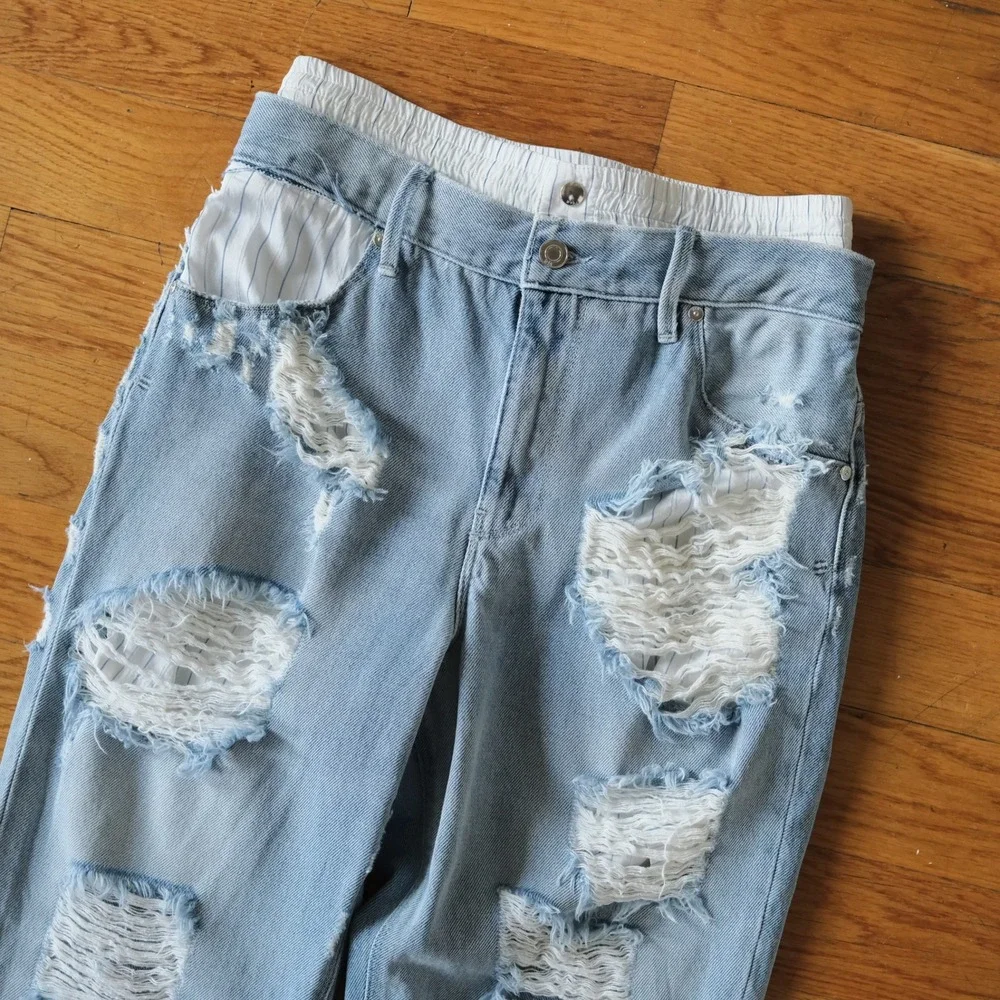 RtA Kallan Straight Leg‎ Jeans Womens Light Blue Distressed Silk Boxer Waist 28